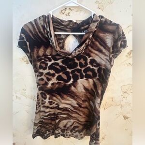 A. Byer Leopard / Cheetah Print Top Medium – Sexy Cowl Neck Keyhole